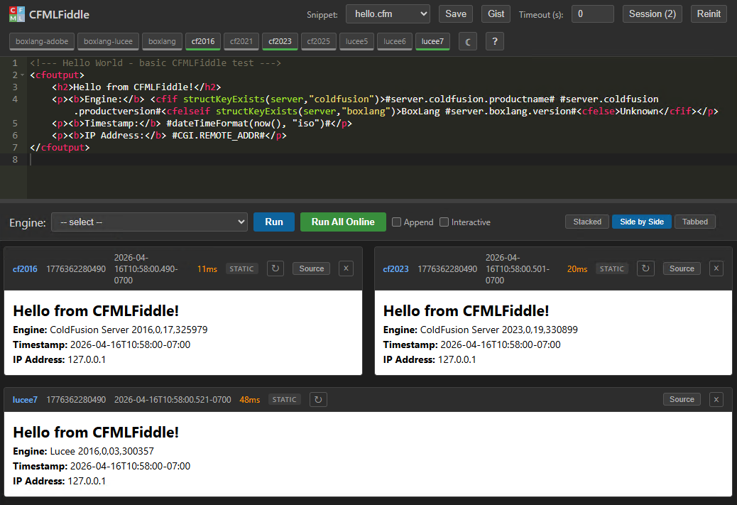cfmlFiddle running code against CF2025 and Lucee 7 simultaneously